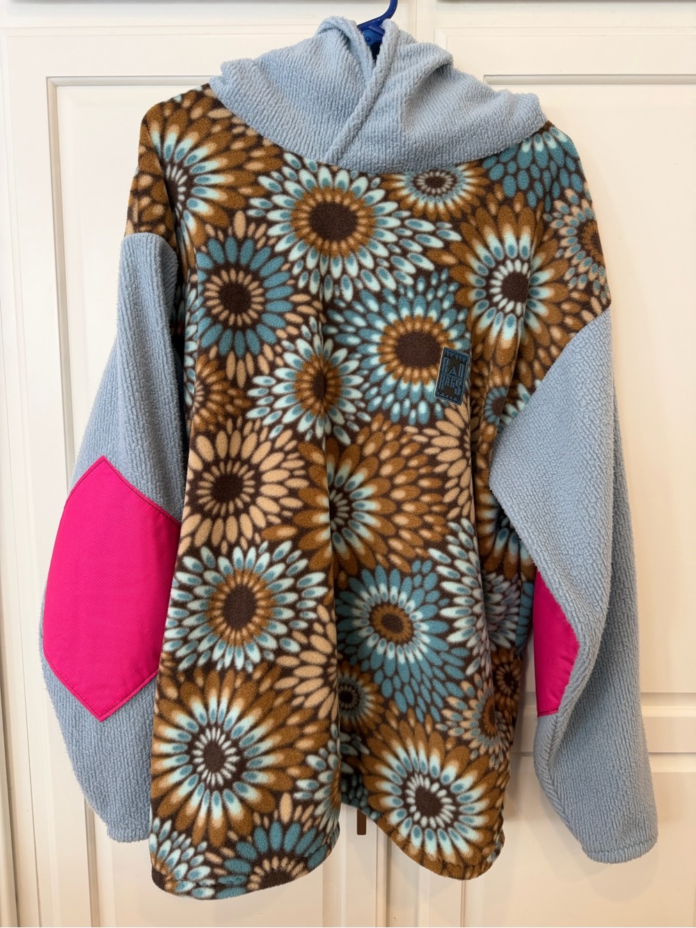 Handmade Polartec Fleece Hoodie - Blue, Brown & Pink